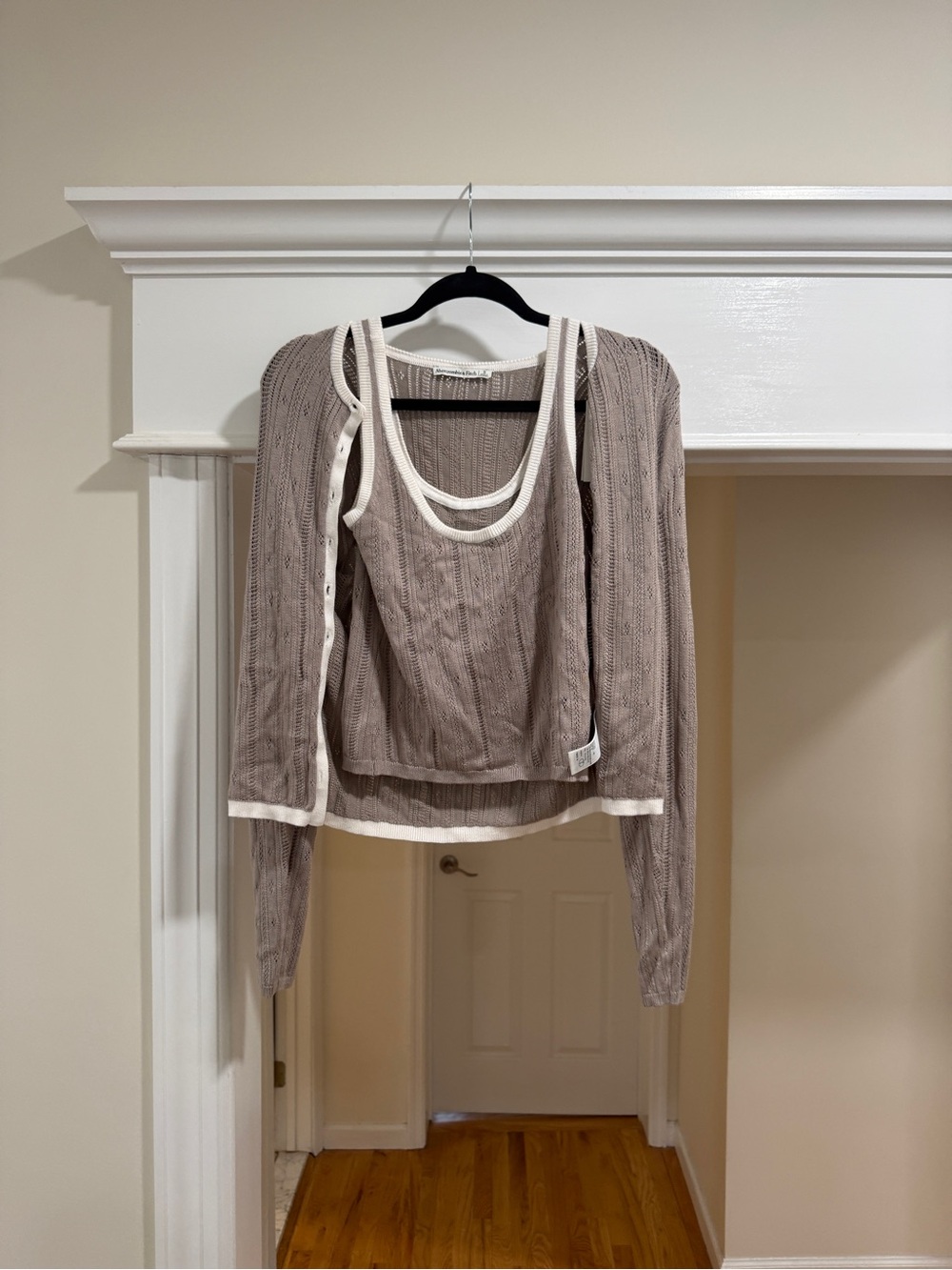 Abercrombie & Fitch Taupe Knit Tank and Cardigan Set with Cream Trim